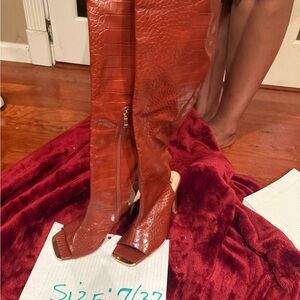 Glossy Cognac Heeled Boots with Pointed Toe